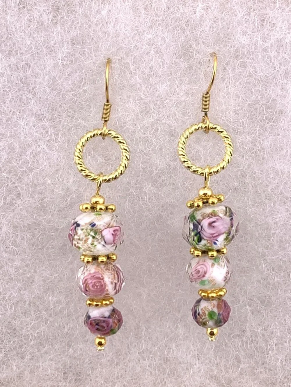 Rose Flower Facet Cut Glass Lampwork Bead Elegant Handcrafted Earrings LR217